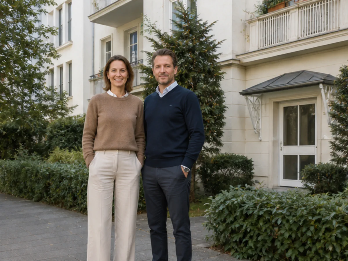 Geschwister vor einem Mehrfamilienhaus im Familienbesitz
